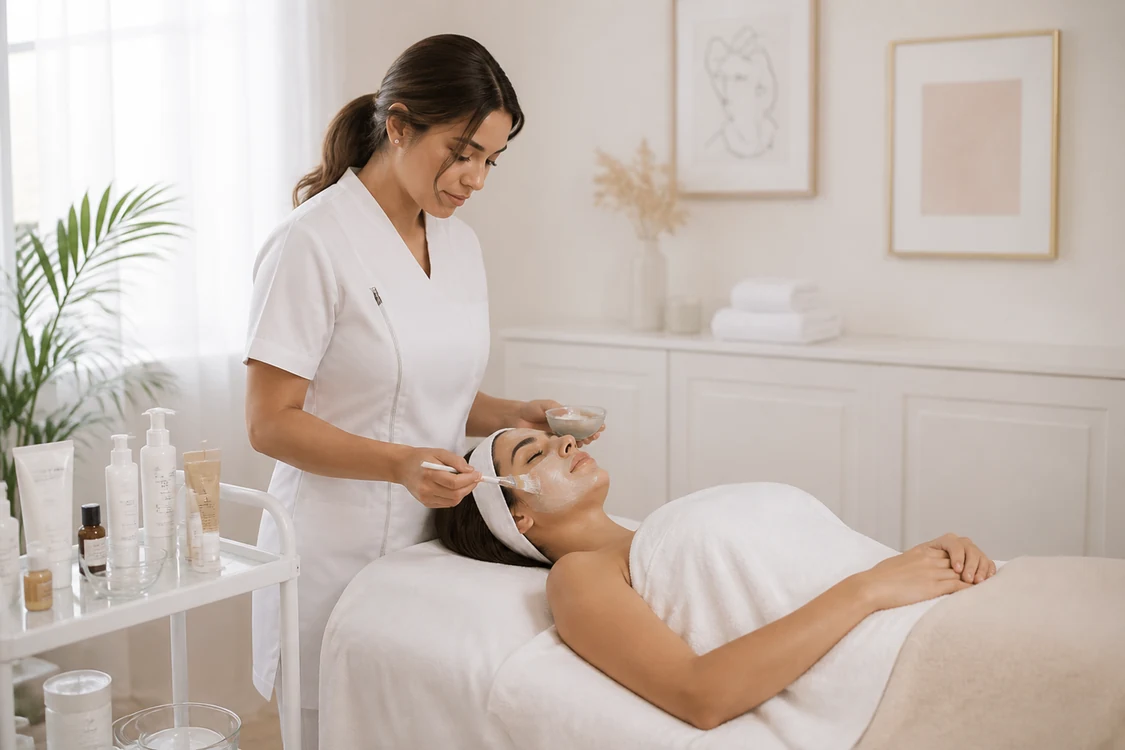 Tratamiento facial profesional en un ambiente claro y relajante